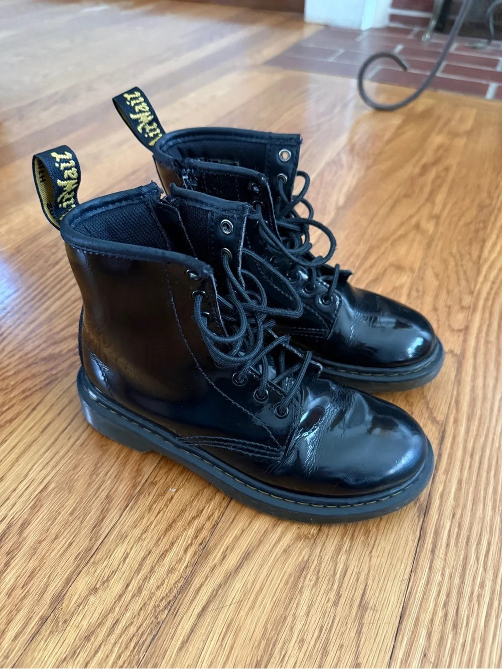 Dr Martens kids black shiny patent boots 1